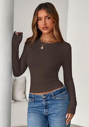 PRETTYGARDEN Women 2025 Fall Clothes Long Sleeve Shirts Ribbed Knit Fitted Basic Tee Going Out Tops Underscrub Casual Outfits thumbnail 7