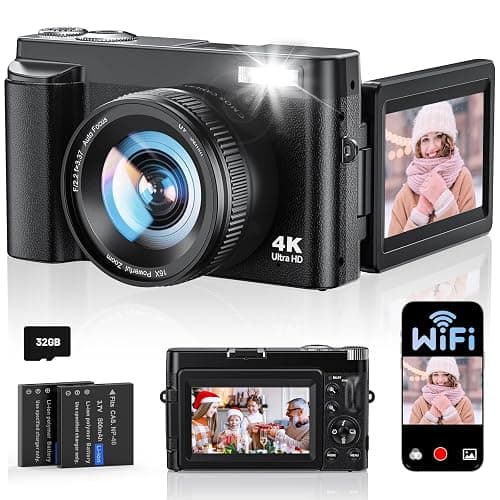 4K Digital Camera for Photography, WiFi Autofocus 64MP Vlogging Camera for YouTube, 180° 3" Flip Screen 30FPS Video Cameras with Flash Anti-Shake 16X Zoom 32GB Card, Compact Travel Digital Camera - Image 1