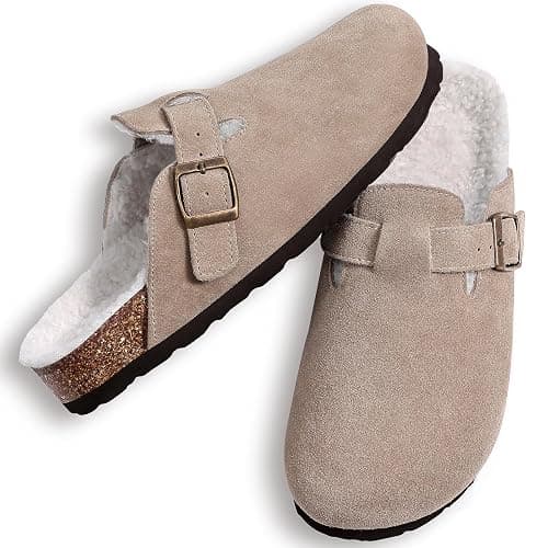 KIDMI Women's Fur Lined Suede Clogs Fuzzy Cork Footbed Mules Slip On Winter Potato Shoes thumbnail 6