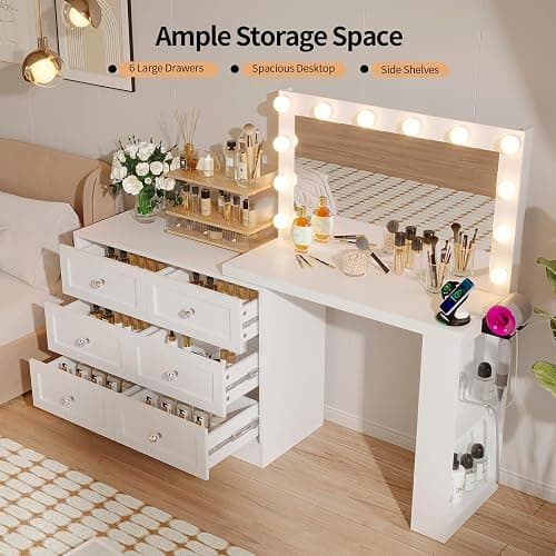 VOWNER Vanity Desk and Dresser Combo, Extendable Makeup Vainty with with Lighted Mirror & Power Outlet, Wood Corner Vanity with 6 Drawer Dresser, Makeup Table for Women, Bedroom Dressing Table(White) thumbnail 3