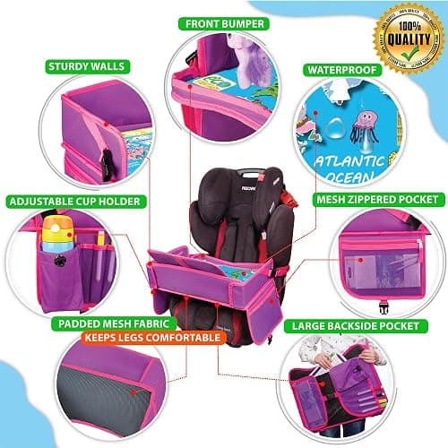 ECOFANTASY Kids Travel Tray - Waterproof Lap Table with No-Drop Large Tablet Holder - Car Seat Tray - Road Trip Essentials Kids - Car Desk Organizer for Airplane - Toddler Travel Essentials (Pink) thumbnail 4