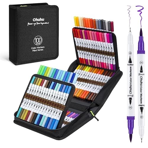Ohuhu Colouring Pens 100 Colours, Dual Tip Brush Pens Felt Tip Pens, Art Markers with Fineliner, for Kids Adults Colouring Book Drawing Calligraphy Sketching Journal, Maui - Carrying Bag - Image 1