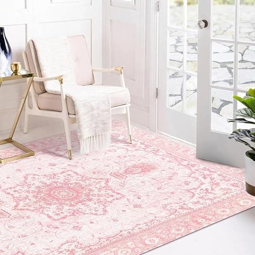 Area Rug - 3x5 Vintage Pink Honeycomb Non Slip Backing Area Rugs Soft Faux Wool Carpet Foldable & Machine Washable Rugs for Living Room Bedroom Dining Room Home Office - 3'x5' - Pink/Cream - Image 1
