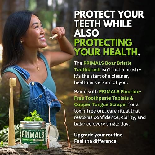 PRIMALS Boar Bristle & Bamboo Toothbrush (4-Pack) - Premium Boar Bristles - Fully Biodegradable - Plastic & Nylon Free - Quick Dry Design thumbnail 8
