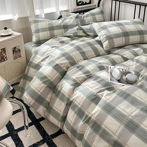 Green Plaid Duvet Cover Queen Soft Cotton Grid Plaid Bedding Set 3 Pieces Checkered Gingham Comforter Cover for Men Boys Modern Bedding Set Simple Plaid Comforter Cover with Zipper Closure 4 Ties thumbnail 5