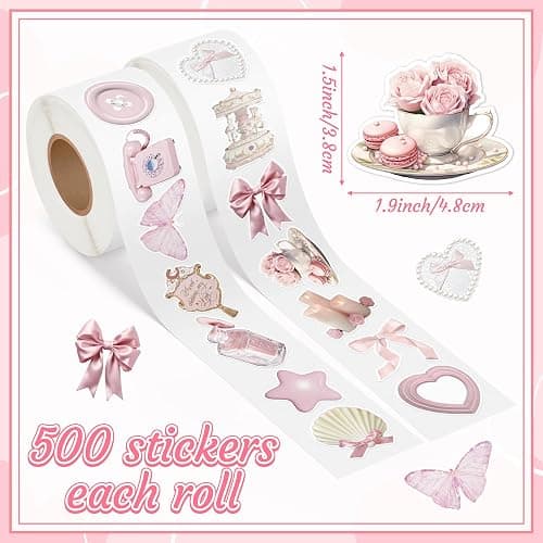 CNhoqc Pink Coquette Aesthetic Stickers - 1000pcs Realistic Coquette Aesthetic Sticker Rolls Waterproof Vinyl Reusable Laptop Sticker Book Scrapbook Water Bottle Page Activity Pad Birthday Party Favor thumbnail 3