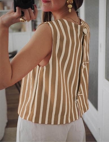Xiaoxuemeng Womens Striped Top Sleeveless Cotton Tank Top Crewneck Casual Summer Vests thumbnail 4