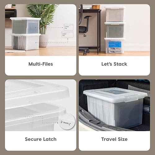 IRIS USA File Box, Plastic File Organizer with Lids for Letter/Legal File, Portable Document Box For Moving, Storage Bin with Durable and Secure Lid, Stackable Nestable BPA-Free, Clear 35 Qt. 4 Pack thumbnail 5