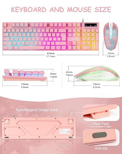 Wired Pink Gaming Keyboard and Mouse Combo with LED Backlit for PC Laptop | Multimedia Function Keys, 19 Key Anti-ghosting, Number Pad, 104 Keys Light Up Keyboard & RGB Mouse Set for Computer PS5 Xbox thumbnail 8