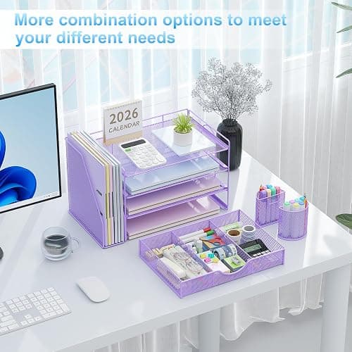 gianotter Desk Organizers and Accessories with File Holder, 4-Tier Desk Accessories & Workspace Organizers with Drawer and 2 Pen Holder, Paper Organizer for Office Supplies (Purple) thumbnail 5