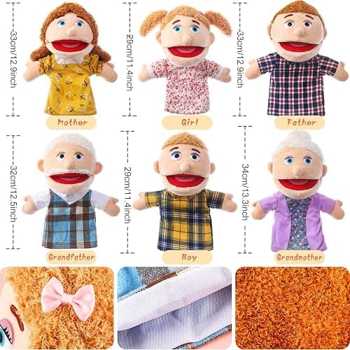 6 Pcs Family Hand Puppets 12 Inch Grandparents, Mom & Dad, Brother & Sister Plush Hand Puppet Toys Role-Play Toy Puppets for Kids Storytelling Imaginative Pretend Play Teaching Preschool(6 Family A) thumbnail 3