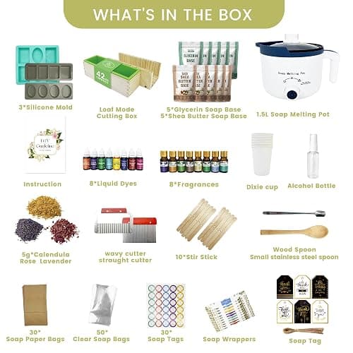PIUH Deluxe Soap Making Kit for Soap Making, DIY Soaps Making Full Set Kits Includes Soap Melter, 4 lb Soap Base, 8 Essencial Oils, Silicone Loaf Molds & Scraper, Cutters, 8 Dyestuffs for Adults Gift thumbnail 2