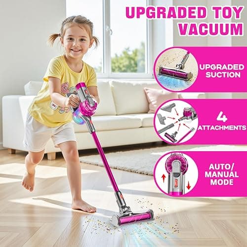 BLAXTEM 4-in-1 Kids Toy Vacuum that Works with Suction, Electric Toy Toddler Vacuum Cleaner for Children Girls & Boys, Toddlers Toys Cleaning Set for Pretend Play (Rose Red) thumbnail 3