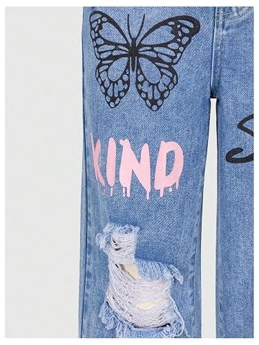 Floerns Girl's Heart Print Cute Ripped Baggy Jeans Straight Wide Leg Streetwear Denim Pants thumbnail 6