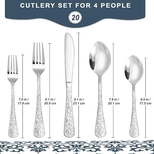 Runfly Vintage Carved Stainless Steel 20 Pieces Flatware Set, Silverware Set, Modern Embossed Cutlery Set Utensils Including Fork Spoon and Knife thumbnail 3
