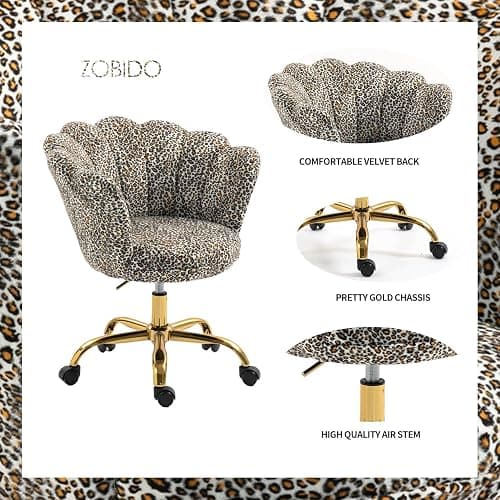 ZOBIDO Comfy Home Office Task Chair with Wheels, Cute Modern Upholstered PU Seashell Back Adjustable Swivel Vanity Desk Chair, for Women,for Girls, Living Room, Bedroom（Leopard thumbnail 4