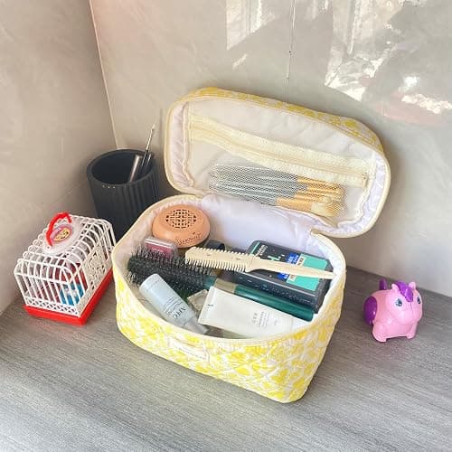 WYJ Yellow Large Quilted Floral Makeup Bag Cute Soft Coquette Aesthetic Cosmetic Bag Cotton Travel Toiletry Bag for Women thumbnail 2