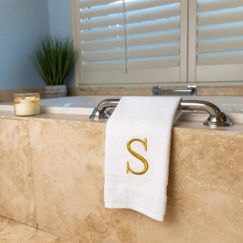 Decorvo Monogrammed Hand Towels for Bathroom - Luxury Hotel Quality Personalized Initial Decorative Embroidered Bath Towel for Powder Room, Spa - GOTS Organic Certified - Set of 2 Gold Letter S thumbnail 6