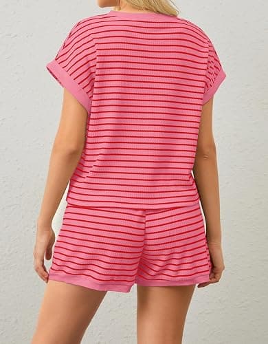 MISSACTIVER 2 Piece Lounge Set Women Stripe Knit Short Sleeve Tee Shirts Shorts Casual Summer Loungewear Shorts Sets thumbnail 3