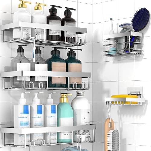 Moforoco Adhesive Shower Caddy Organizer Shelves Rack - 5 Pack Corner Bathroom Storage Organization, Home & Kitchen Decor Inside RV Accessories, Hanging First Apartment Household Camper Essentials - Image 1
