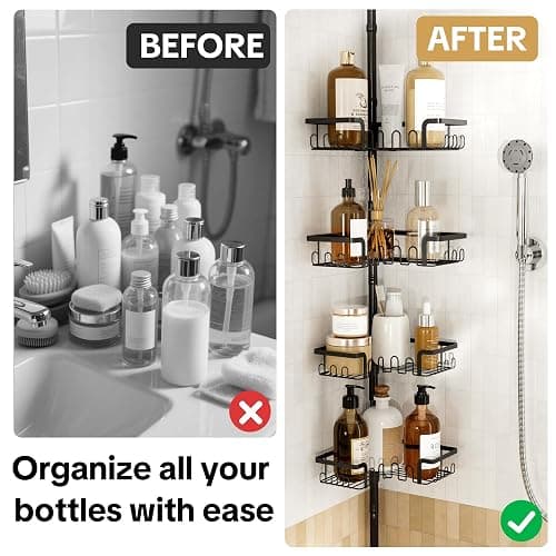 THKVESN Corner Shower Caddy Tension Pole Adjustable 29–124 Inch, 4 Tier Rustproof Shower Organizer Shelf Rack, Quick Installation Bathroom Storage Shower Caddy Corner Pole, Black thumbnail 3