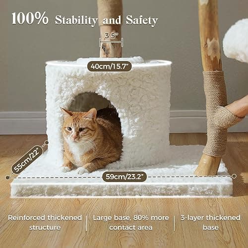 PAWZ Road Cat Tree for Indoor Cats Large Adults, 59 Inches Modern Cat Tower with Large Basket and Hammock, Natural Solid Wood, Luxury Condo & Dual Perches, Modern Cat Furniture for Big Cats, White thumbnail 3