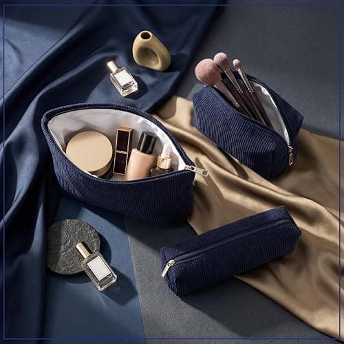 Huhumy 3 Pcs Corduroy Makeup Bag Set for Women, Dark Blue, Solid Style | Cosmetic Pouch Aesthetic Travel Toiletry Bag Cute Purse Pouch Makeup Brushes Storage Organizer with Zipper thumbnail 2