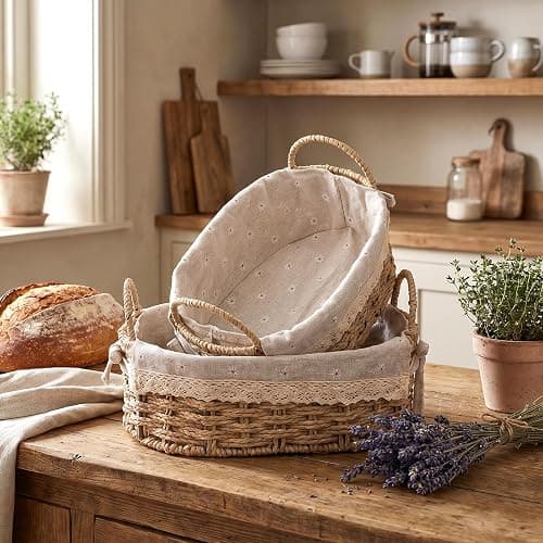 2Pcs Small Wicker Storage Baskets with Handles & Liners for Organizing | Hand-Woven Cute decorative Basket for Home Shelves Organizing, Storage and Deco thumbnail 2