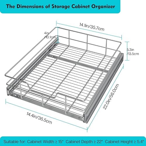 Pull Out Cabinet Organizer 14" W X 22" D, Slide Out Drawers For Kitchen Organizers and Storage, Pull Out Drawers For Cabinets Capacity Heavy Duty Caddy, Cabinet Shelves Chrome-Plated, Bathroom Pantry thumbnail 3