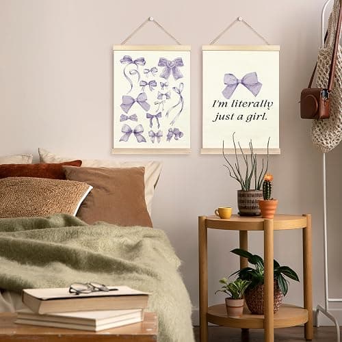 TAEDIN Coquette Girls Room Wall Art Poster Hanger Frame Set of 2 - Purple Bows Trendy Preppy Wall Art with Wood Frames, Funky Wall Hanging Decor for Teen Girly Room Apartment Dorm, 12x16 Inches… thumbnail 2