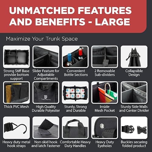 TRUNKCRATEPRO Trunk Organizer For Car, Suv, Truck | Premium Adjustable Multi Compartments Collapsible Car Trunk Organizer With Securing Straps & Non-Slip Bottom (Large Size, Black) thumbnail 4