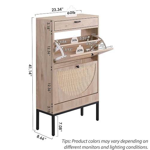 XIAO WEI Shoe Cabinet, Natural Semi Circle Rattan Shoe Storage Organizer Cabinet with 2 Flip Drawers, Freestanding Shoe Rack with Adjustable Shelf for Entryway thumbnail 2