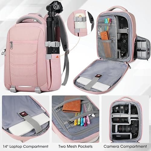 SDYSM Camera Bag Backpack Professional for DSLR SLR Mirrorless Camera Waterproof Laptop Back Pack 14 Inch with Rain Cover Anti Theft Travel Case Large Capacity Photography Backpack Pink thumbnail 2