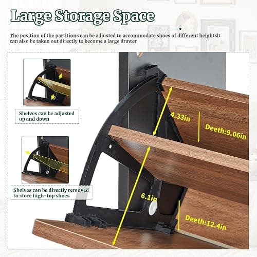47" Fluted Large Shoe Cabinet with 4 Flip Drawers, Slim Freestanding Shoe Cabinet Organizer, Narrow Shoes Storage Rack for Entryway, 5 Sturdy Legs (Walnut and Black, 9.45" D x 47.24" W x 35.83" H) - Walnut and Black - 9.45"D x 47.24"W x 35.83"H thumbnail 7