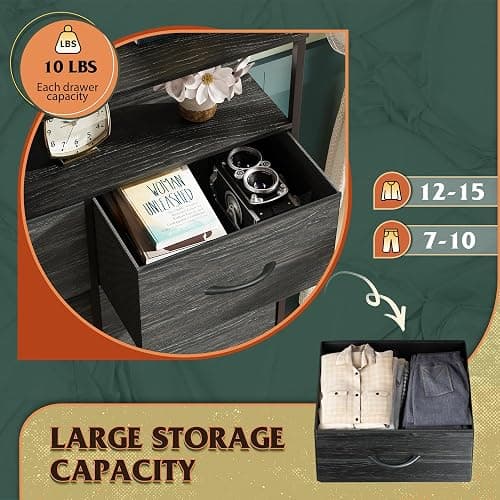 WLIVE Fabric Dresser for Bedroom with Open Shelves, Tall Dresser with 8 Drawers, Storage Tower with Fabric Bins, Chest of Drawers for Closet, Living Room, Hallway, Charcoal Black Wood Grain Print - Charcoal Black Wood Grain Print - Raised Shelves thumbnail 5