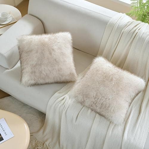 FUTEI Pack of 2 Faux Fox Fur Throw Pillow Covers 18x18 Inch Soft Fluffy Decorative Cushion Case Modern Farmhouse Accent for Couch Bed Living Room, Coffee White thumbnail 5