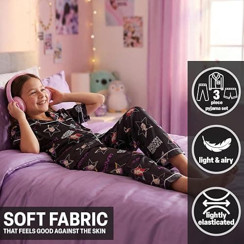 Get Trend KPop Demon Hunters Girls Pajamas Officially Licensed 3-Piece Huntrix PJs Set with Pants & Shorts, Satin Nightwear thumbnail 2