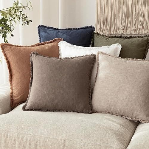 Foindtower Set of 2 Decorative Linen Fringe Throw Pillow Covers Cozy Farmhouse Cushion Cover with Tassels Accent Pillowcase for Couch Chair Sofa Bed Living Room Home Decor,18×18 Inch,Light Coffee thumbnail 7