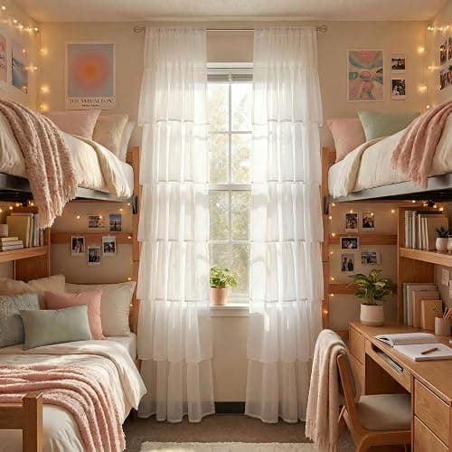 Hahafelt Dorm White Ruffle Curtain Flounced Ruffle Rod Pocket Curtain 52" W x 84" L Girl Preppy Curtains Panel Filtering for Dorm Bedroom Dining Bathroom Living Room Window Decor - Image 1