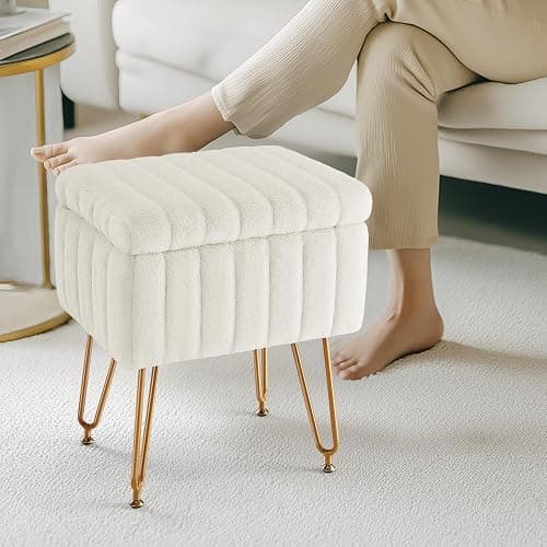 Sweetcrispy Vanity Stool Chair with Storage, Off-White Makeup Chair | 18.9”H x 16”L x 12.2”W Ottoman Chair Faux Soft Padded Footstools Seat with 4 Metal Legs Anti-Slip Adjustable Feet, Off-White thumbnail 8