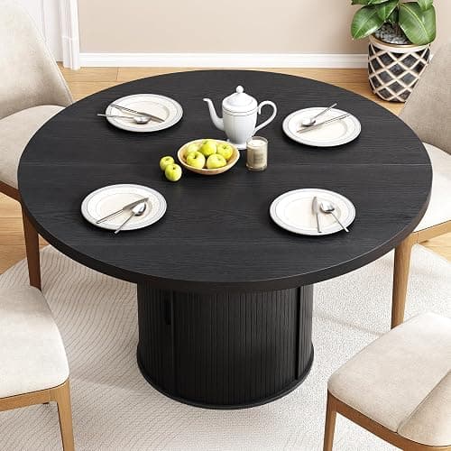 47 inch Round Dining Table for 4, Circle Kitchen Table with 2-Layer Storage Shelf and a Drawer, Modern Farmhouse Dinner Tables with Sliding Door and Wood Strip Base for Kitchen, Living Room (Black) thumbnail 6