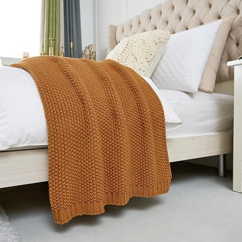 Chunky Cable Knit Throw Blanket Lightweight Burnt Orange 100% Organic Cotton Blanket for Sofa Couch Bed Baby Nursery, Rustic Shabby Chic Modern Farmhouse, 51” x 63” Give Laundering Bag thumbnail 8