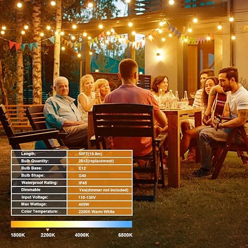 OHLUX Outdoor String Lights, 55FT Shatterproof LED Patio Lights with 26 Dimmable Plastic G40 Bulbs, 2200K Waterproof Connectable Hanging String for Backyard, Cafe, Porch, Deck, E12 Base thumbnail 7