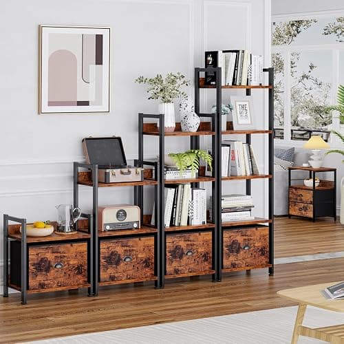 Furologee 5 Tier Bookshelf with Drawer, Tall Narrow Bookcase with Shelves, Wood and Metal Bookshelves Storage Organizer, Industrial Display Standing Shelf Unit for Bedroom, Living Room, Rustic Brown thumbnail 6