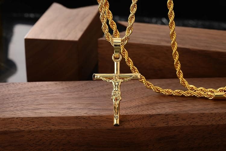 HELLOICE Crucifix Cross Necklace 18K Gold Plated Cross Pendant with 3mm 22" Rope Chain for Men Women thumbnail 6
