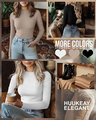 Huukeay 3 Pack Women's Ribbed Mock Turtleneck Shirts Cotton Long Sleeve Tops Lettuce Trim Slim Fit Soft Tees for Layering thumbnail 2