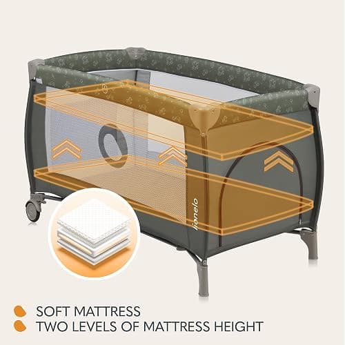 Lionelo Sven Plus 2in1 Travel Cot and Portable Baby Zone for newborns 0-36 Months Foldable with 2-level Heights, Changing Table, Mattress, Side Entrance Mesh Walls Mosquito Net Canopy Wheels Organiser thumbnail 4