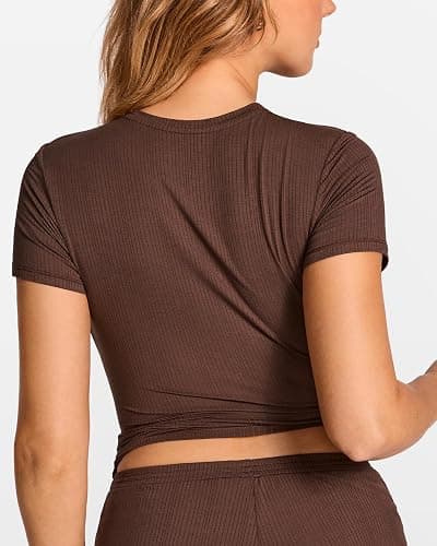 SOULVOR Natrelax Modal Ribbed Short Sleeve Tee | Semi Sheer Fabric, Crop T Shirts, Summer, Going Out Tops, Comfort Soft, Body-hugging Fit, Lounge, Women's Pajama Sleepwear thumbnail 2