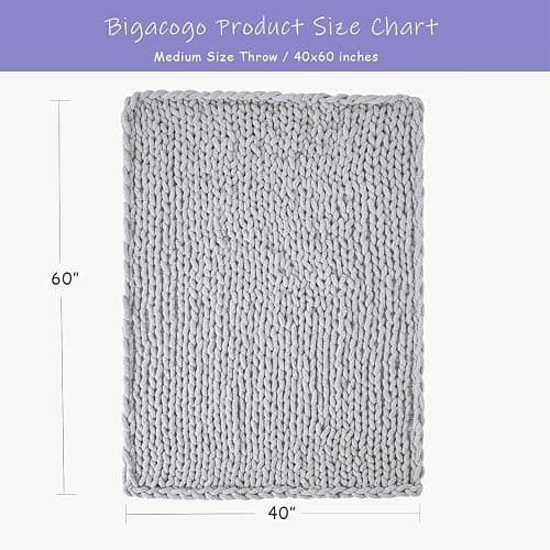 Bigacogo Chunky Knit Throw Blanket for Couch, 40x60 inches, 100% Hand Knitted with Thick Jumbo Chenille Yarn, Cozy Soft Large Rope Knot Cable Crochet Blankets for Sofa Bed Living Room, Light Grey thumbnail 2