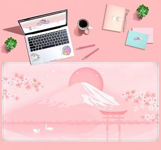 Cherry Blossom Mouse Pad Kawaii Pink Floral Desk Mat, Japanese Pastel Sakura Large Anime Gaming Mousepad XXL, Cute Aesthetic Mount Fuji Japan Keyboard Mats for Women Office Desk Pads 31.5"x15.75" thumbnail 3